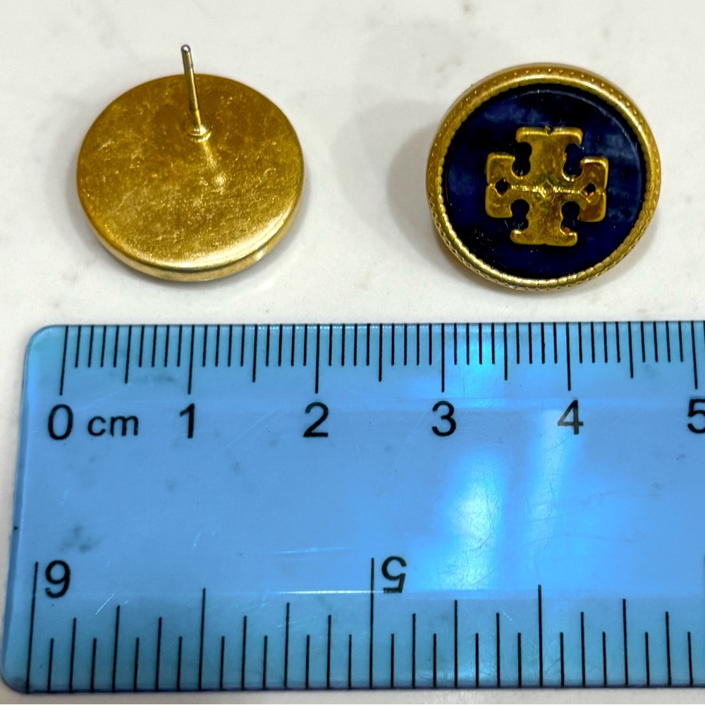 Tory Burch semiprecious lapis blue round button stud logo earrings - Picture 9 of 10